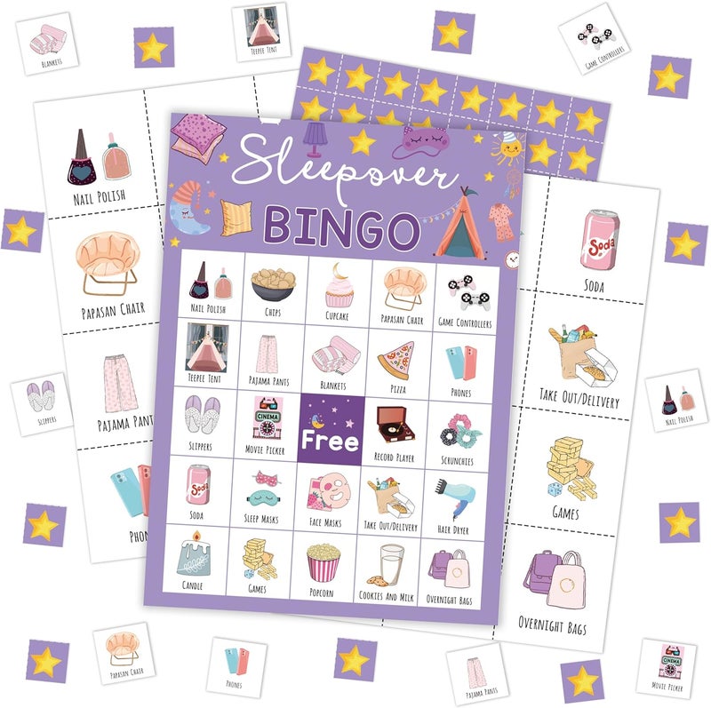 Mueddur Sleepover Bingo Card, Slumber Bingo Set for Adults Large Group Family Friends, Pajama Party Game, Spa Party Supplies Decorations, Holiday Games for 24 Players -02 - Image 1